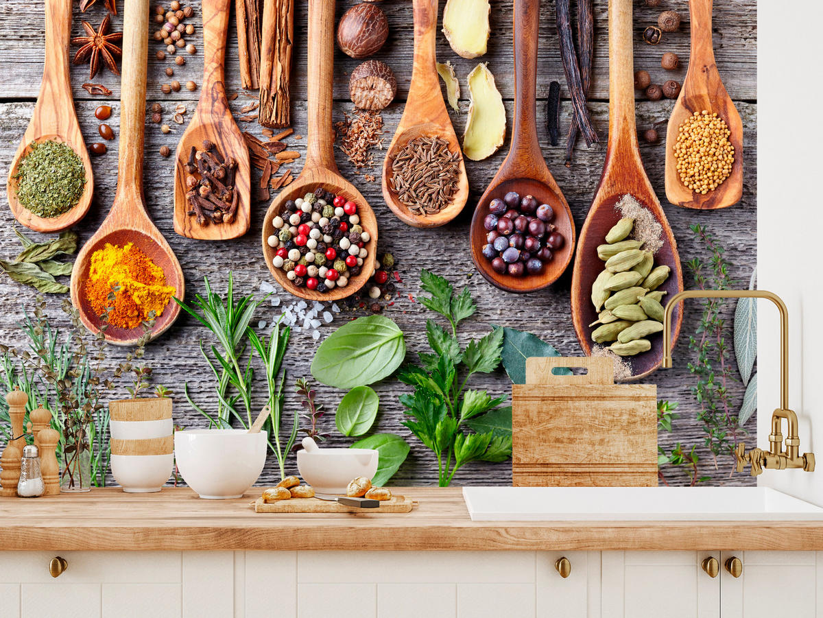 FOTOTAPETE für Küche Kräuter Gewürze Holzlöffel Tisch 200x140 - Gelb/Beige, Papier (200/140cm) - Muralo
