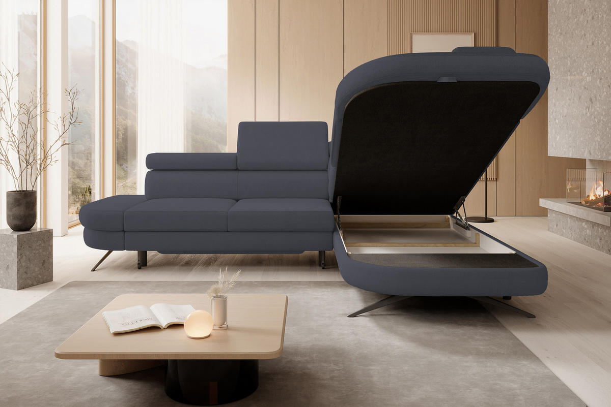 ECKSOFA OTIS L-förm, Schlaffunktion, verstellbare Kopfstützen, in AURORA-Stoff, lose Rückenkissen, freistehend, RECHTS 276x218x97 cm Dark grey - Dunkelgrau, Holz/Textil (276/218cm) - DomoHome