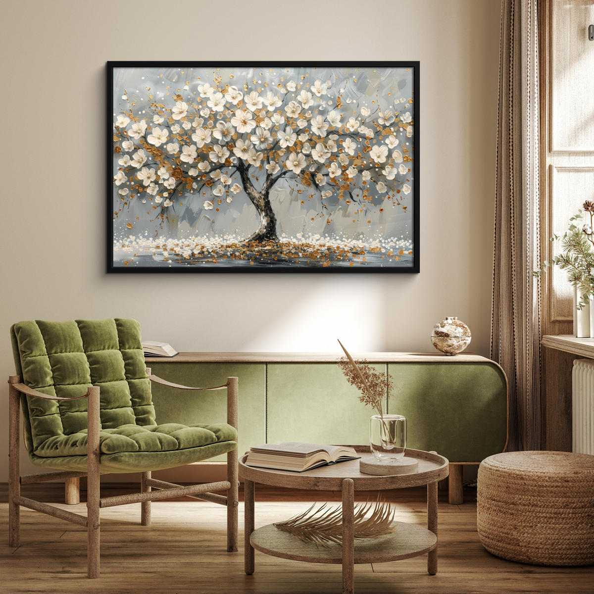 POSTER MIT RAHMEN Baum - Blumen - Weiß - Natur - Kunst 120x80 cm - Weiß, Papier (120/80cm) - MuchoWow