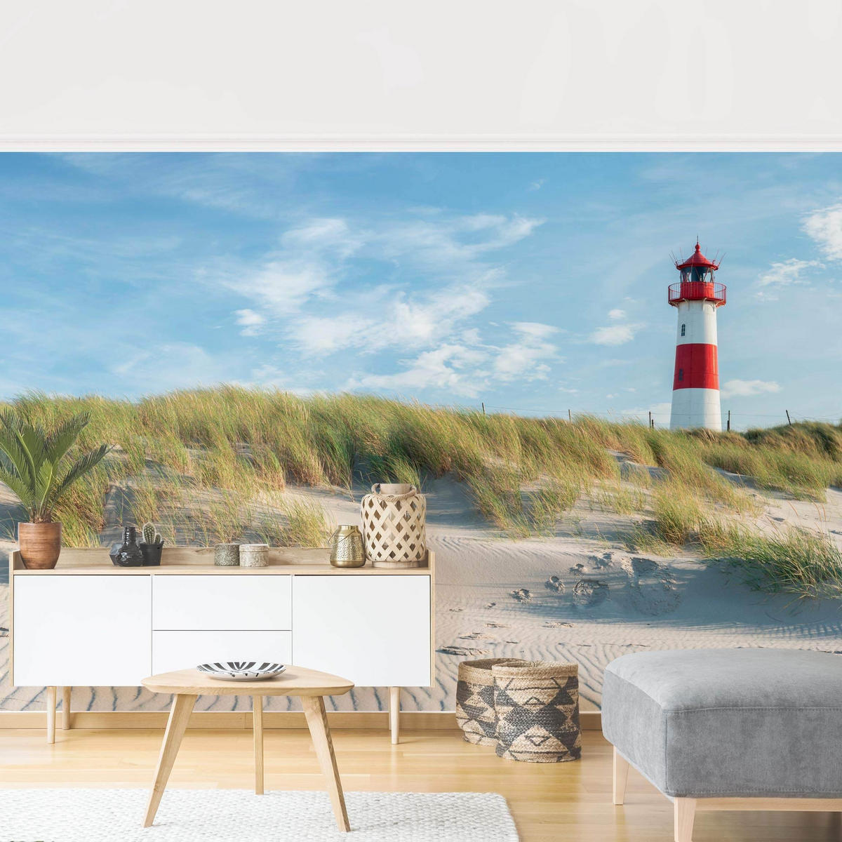 FOTOTAPETE Leuchtturm an der Nordsee 432/290 cm - Blau, Papier (432/290cm) - Bilderwelten