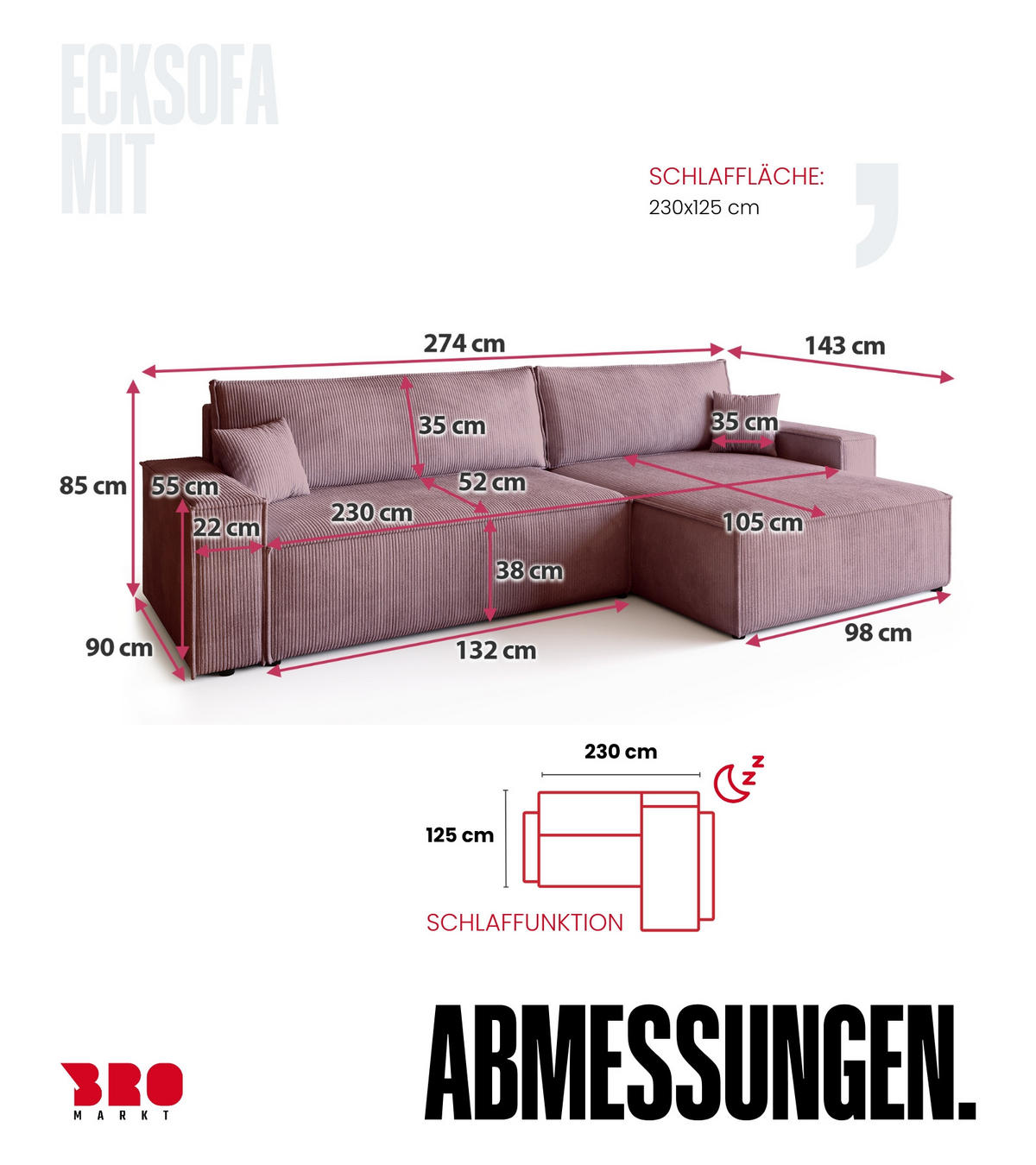 ECKSOFA ADI XL mit Schlaffunktion Puderrosa Cord - Rosa, Textil (272/143cm) - Bromarkt