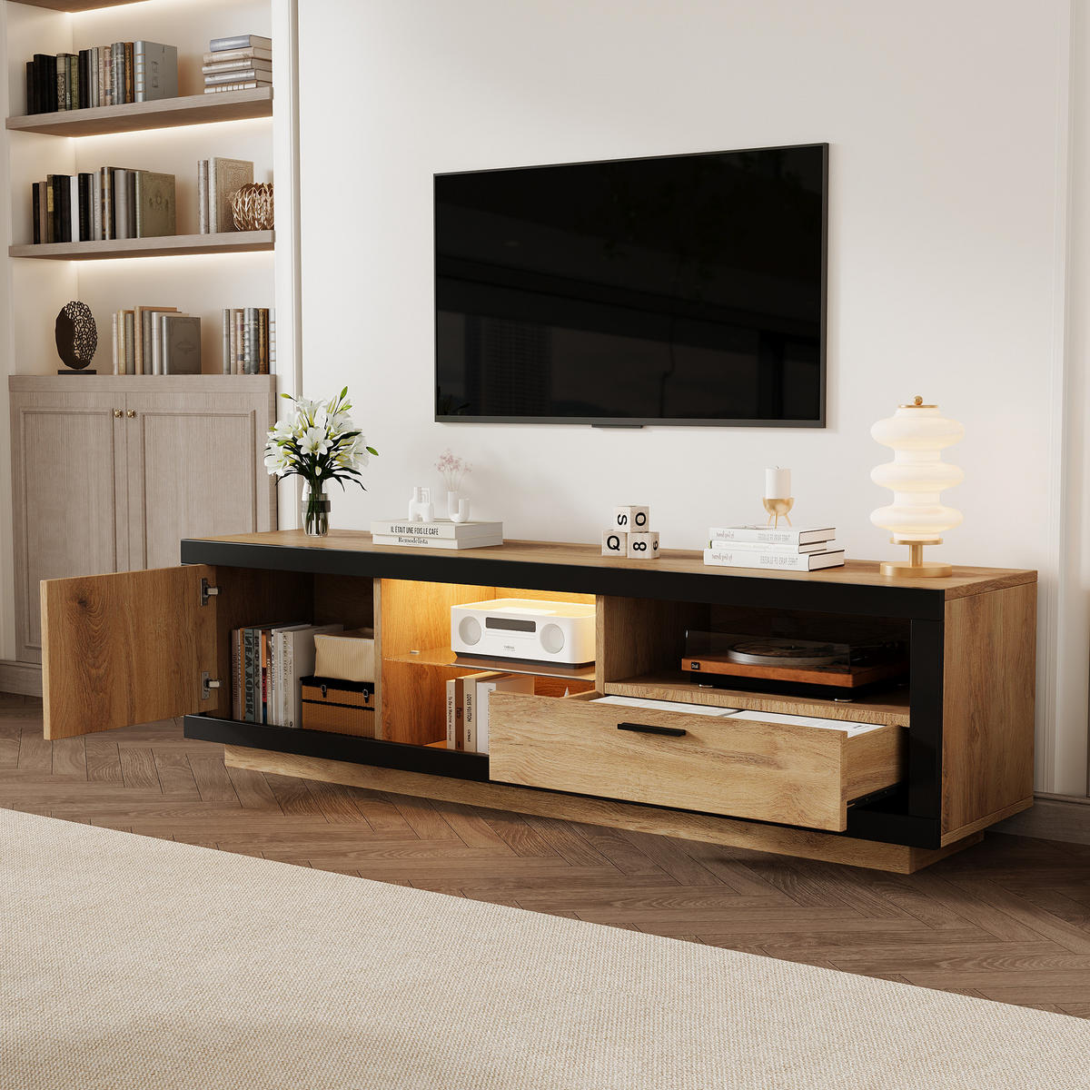 TV-ELEMENTLED 160x40x50cm mit App-Steuerung und Glasböden Schwarz-Eiche - Schwarz, Holz (50.8/14.61/74.3cm) - Raelunyi
