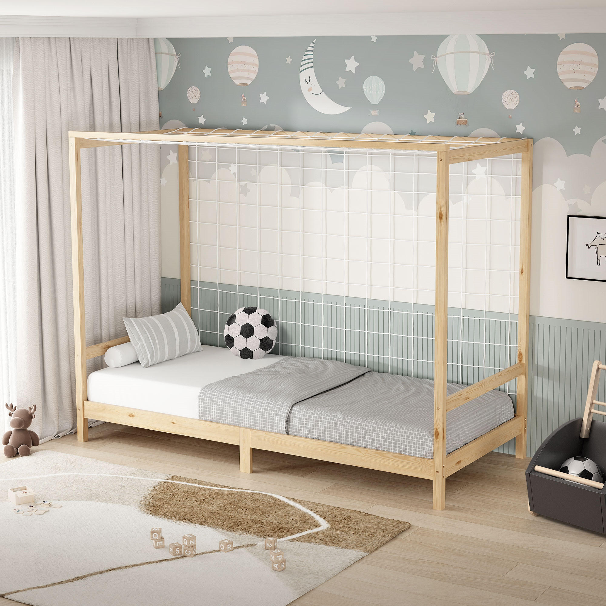 KINDERBETT Fußballtor 90x200 cm mit Matratze H:10 cm Natur Kiefernholz - Naturfarben, Holz (90/200cm) - ML-DESIGN