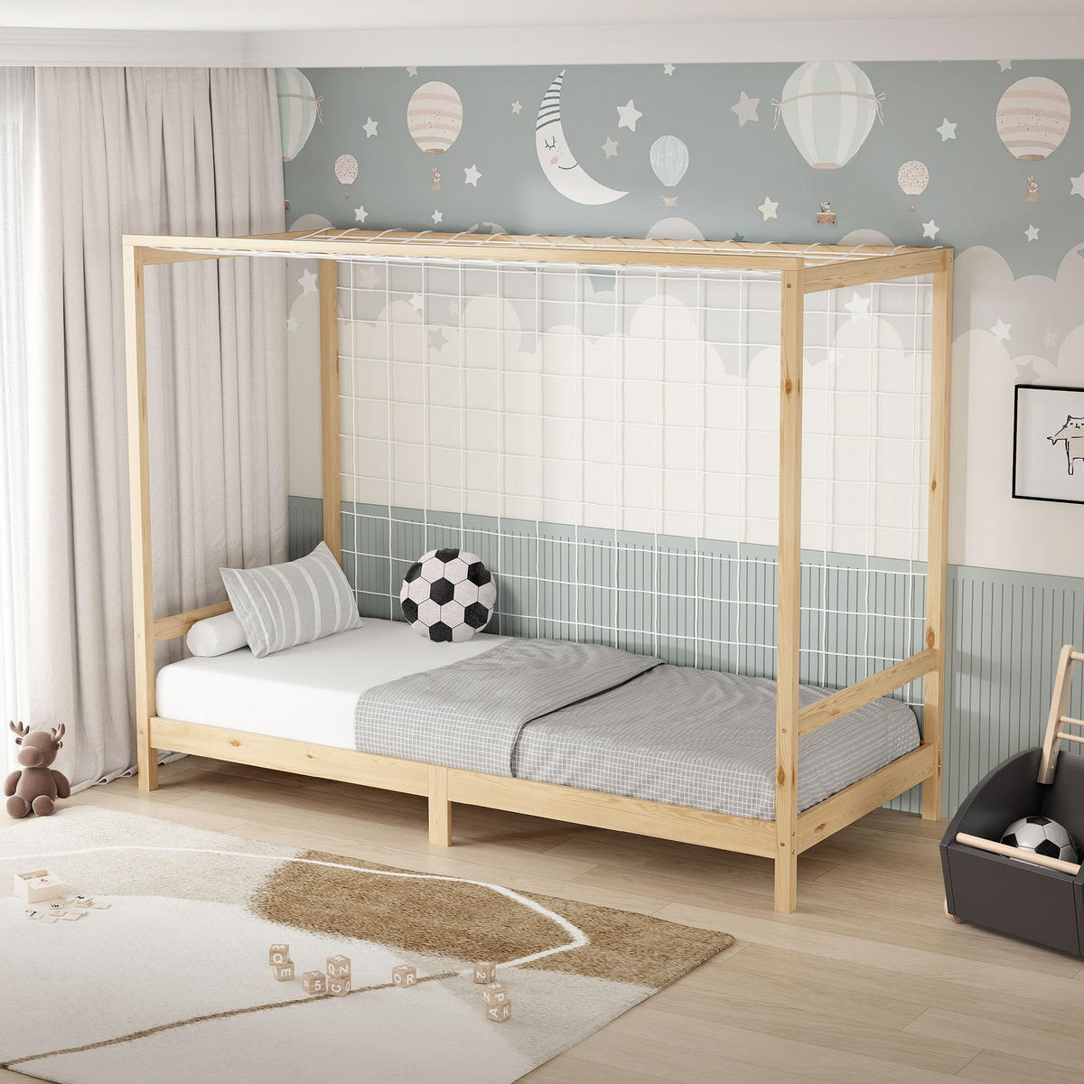 KINDERBETT Fußballtor 70x140 cm mit Matratze H:16 cm Natur Kiefernholz - Naturfarben, Holz (90/200cm) - ML-DESIGN