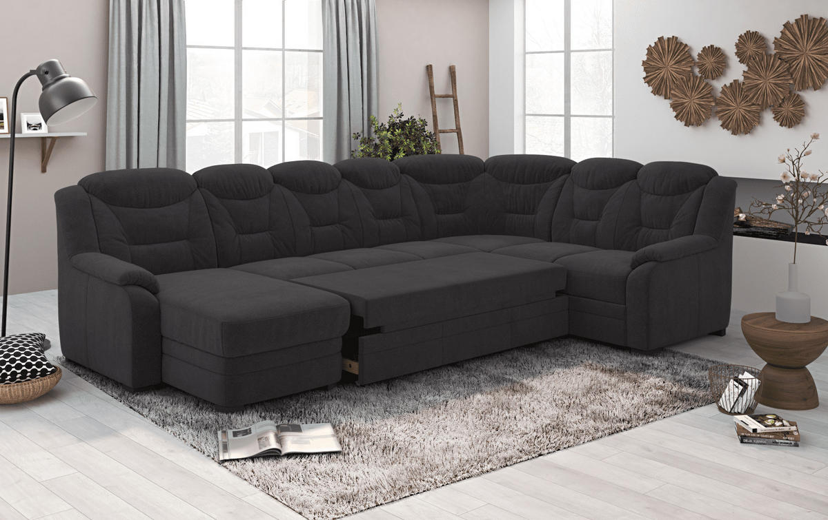 WOHNLANDSCHAFT mit Schlaffunktion und Bettkasten – weiches Chenille-Gewebe - Anthrazit/Schwarz, Holz/Kunststoff (211/99/330cm) - Cotta