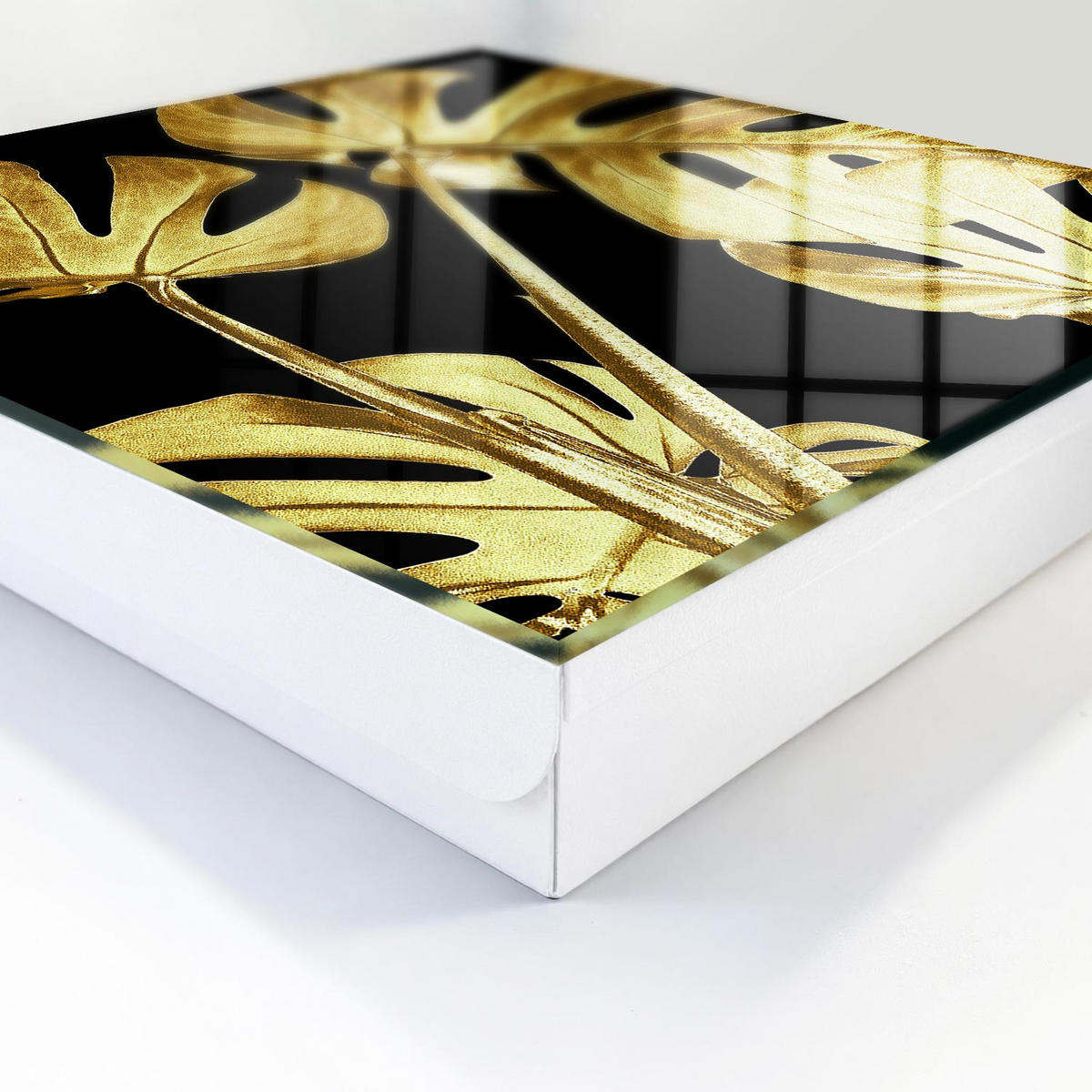 SCHLÜSSELBOX Weiß 30x30 cm – Türöffnung nach rechts - Monstera-Blätter - Gelb, Metall (30/30/5cm) - TULUP
