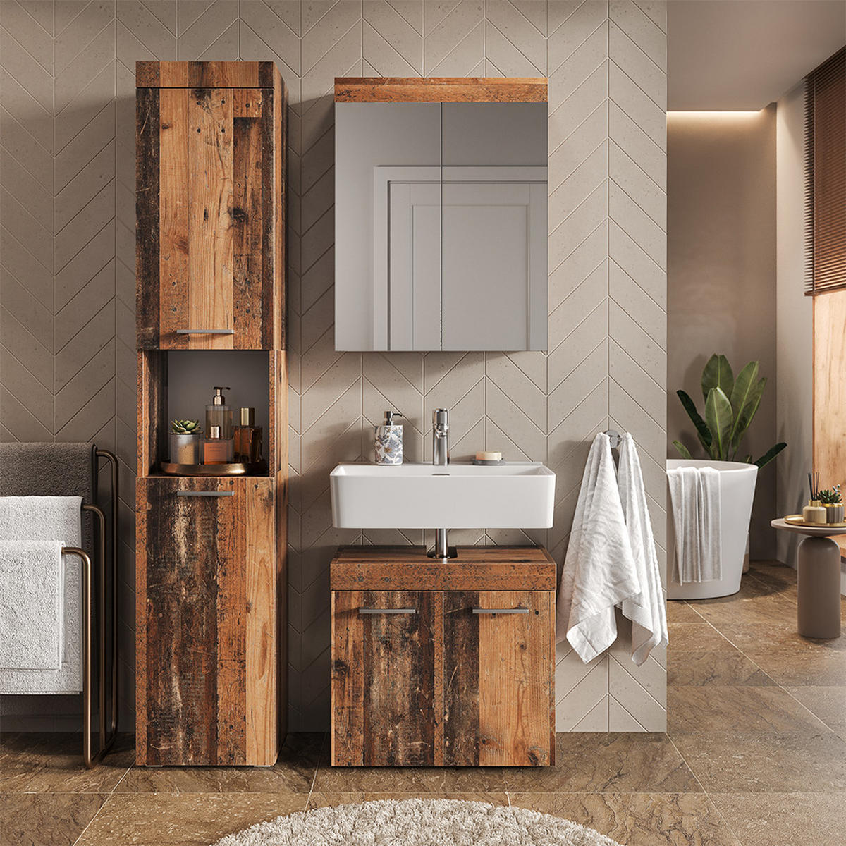 SADA KOUPELNOVÉHO NÁBYTKU Luna Oldstyle 3 díly, s vysokou jednotkou - hnědá, kompozitní dřevo (60/56/34cm) - Vicco