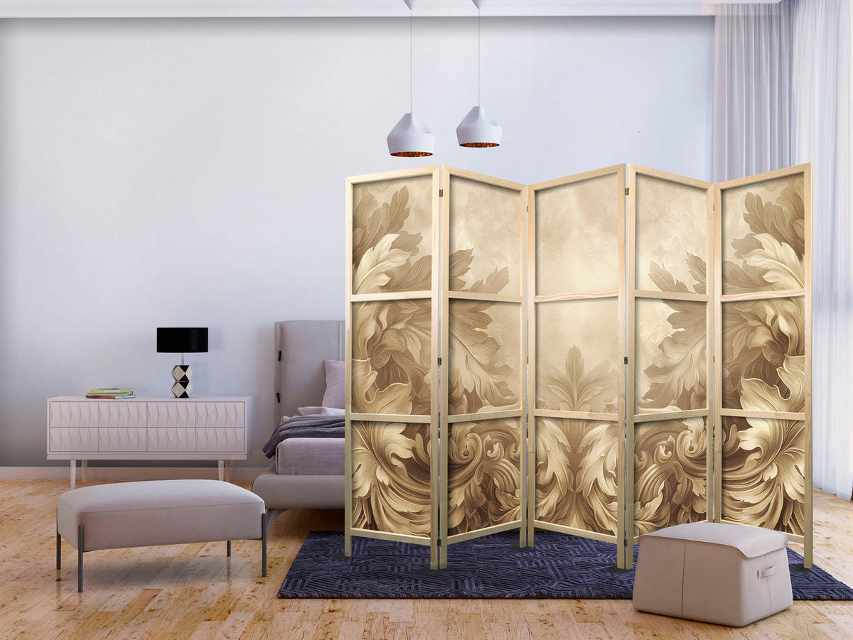 PARAVENT Japanischer 5-tlg 225x172 cm Beige Pflanzen Ornamente - Beige, Holz/Textil (225/172/3cm) - Muralo