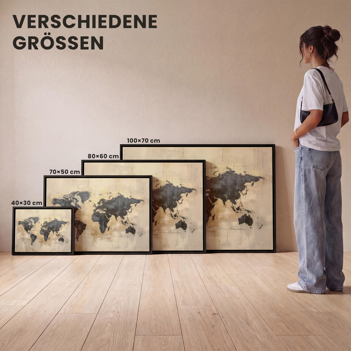 LEINWAND Bilder mit Rahmen - Weltkarte - Gold - Schwarz - Abstrakt - 100x70 - Kupferfarben, Textil (100/70cm) - MuchoWow