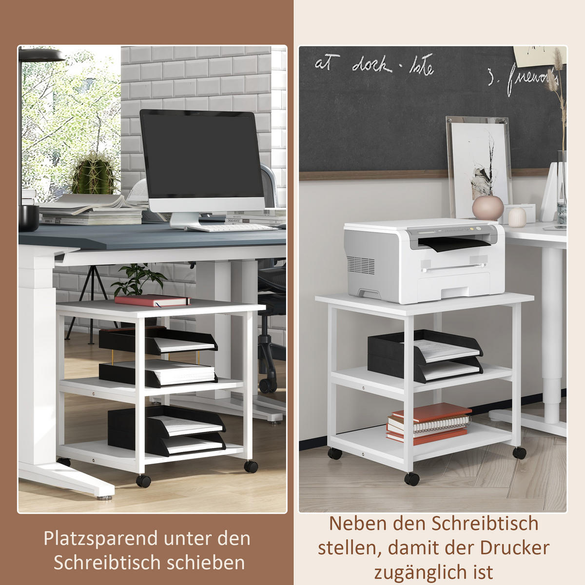 DRUCKERTISCH mit Rolle, Druckerständer mit 3-Ebene, Druckerhalter, Druckerwagen - Weiß, Holzwerkstoff/Metall (50/52.5/50cm) - HOMCOM