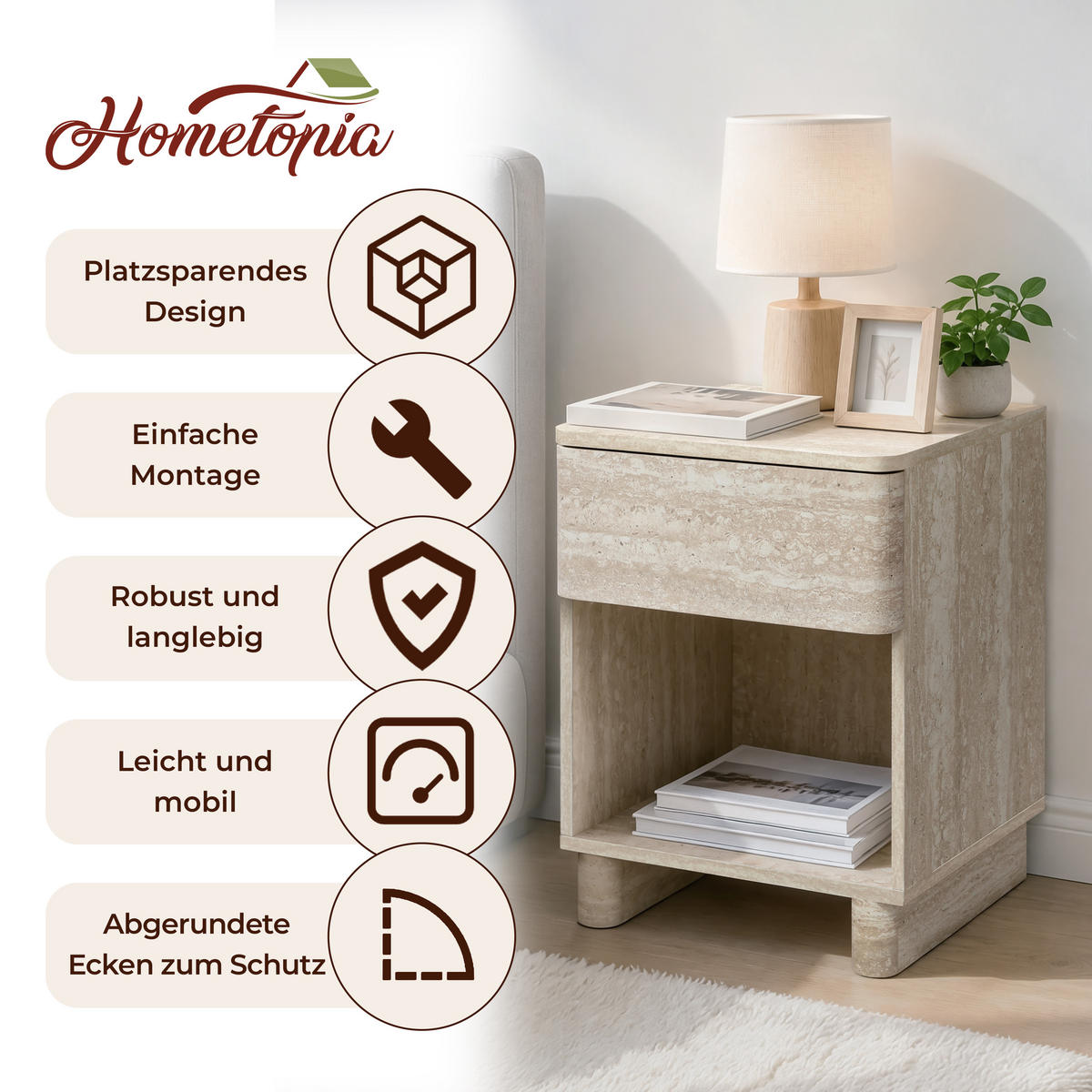 NACHTTISCH in Travertin-Optik | B53 x T45 x H50 cm - Beige, Holzwerkstoff (40/54/40cm) - Hometopia