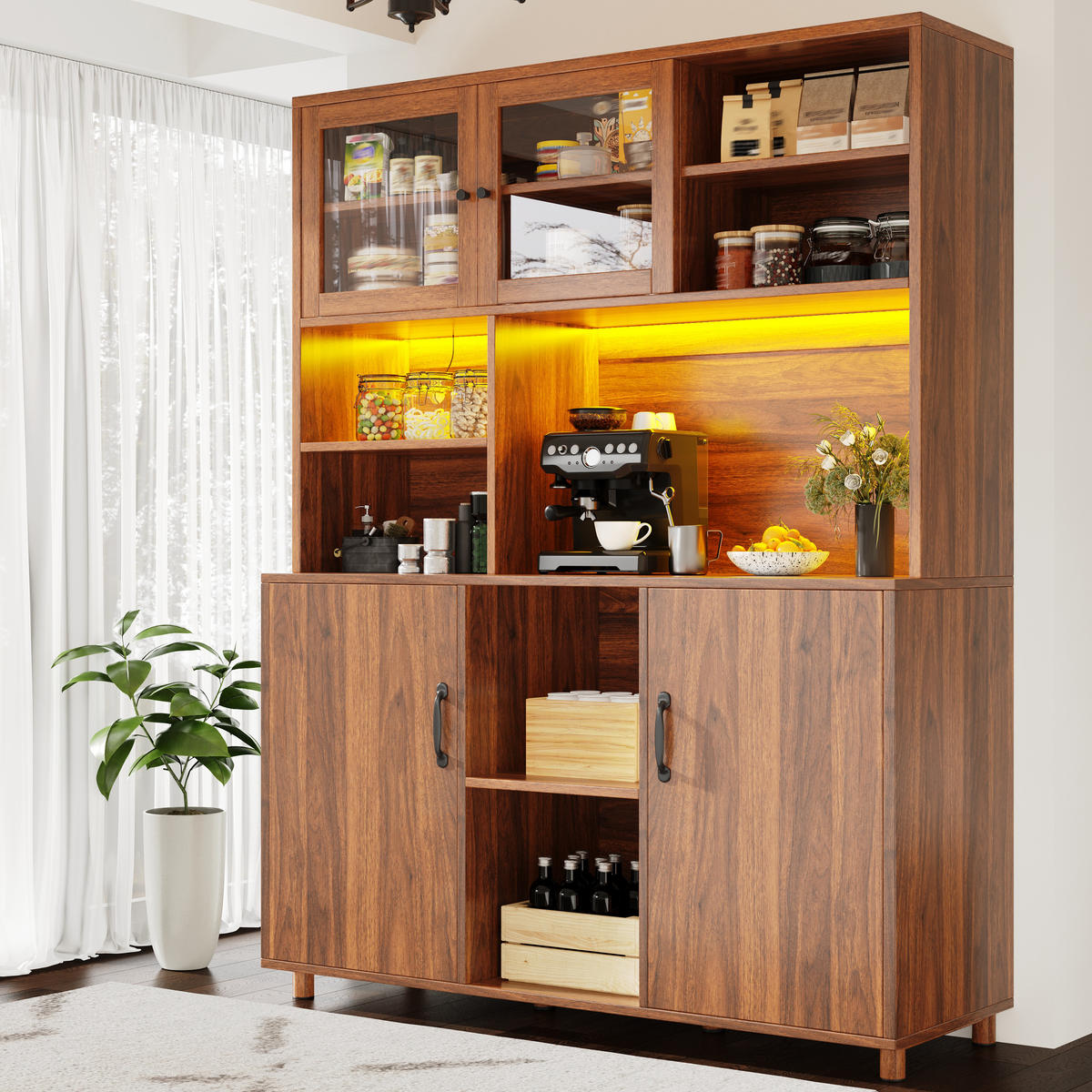 BUFFET 140x40x185cm LED Snackablage Walnuss - Braun, Glas (140/185/40cm) - FLIEKS