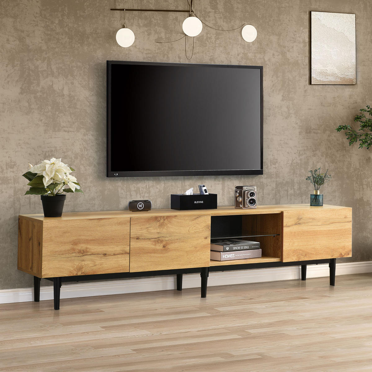 TV-BOARD aus MDF 175x31x41 cm Eichefarben/Schwarz mit LED-Beleuchtung, 3 Fächern und viel Stauraum - Eichefarben, Holzwerkstoff (175/41/31cm) - Modfu