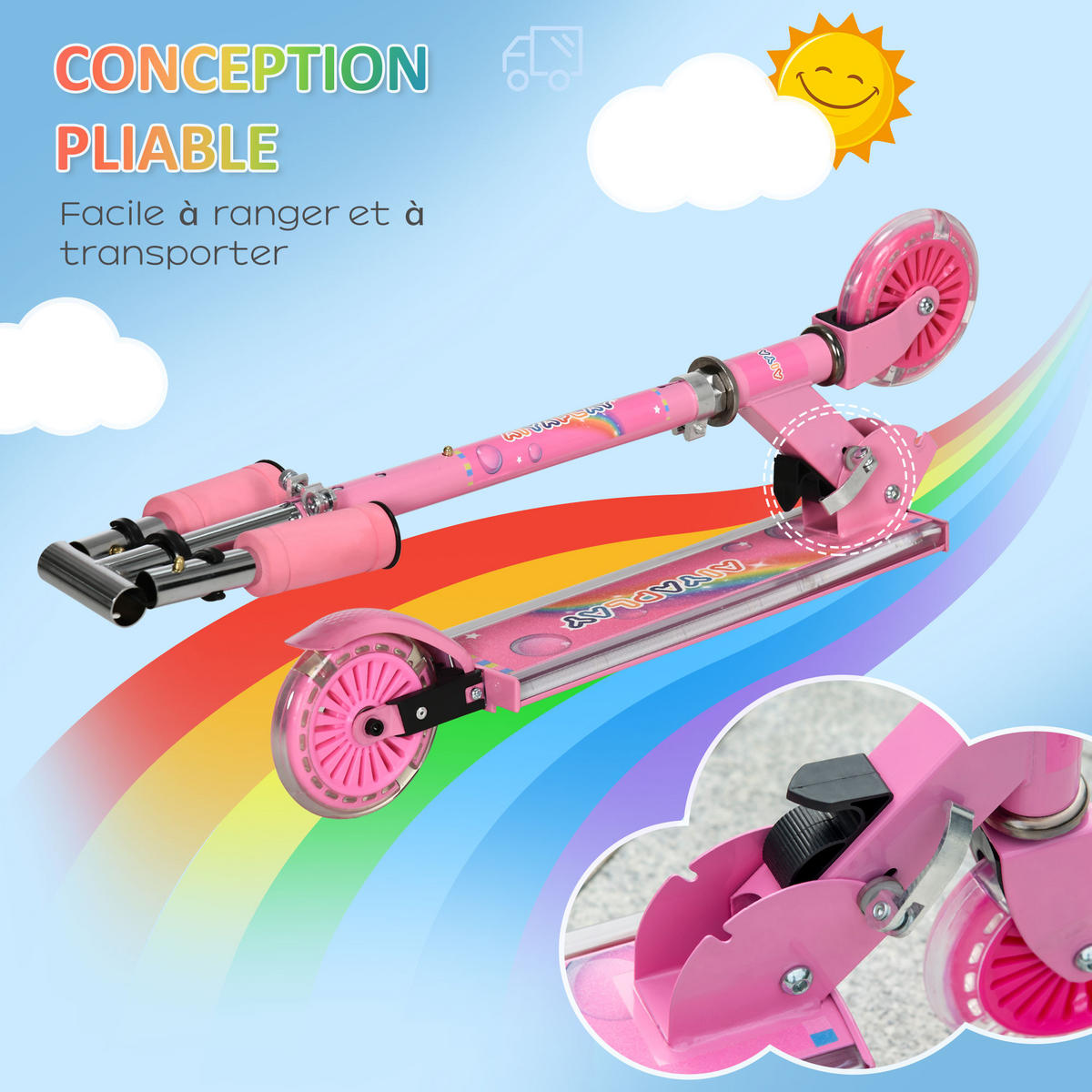 KINDERSCOOTER DE-16943 klappbar mit LED-Rädern & Musik Rosa - Pink, Metall (67/32/78cm) - ComfortXL