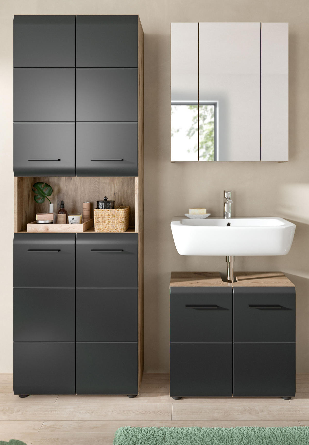 BADMÖBEL-SET 3-teilig schwarz matt, Nox Eiche inklusive Hochschrank 4-türig, 135 x 185 cm - Eichefarben/Schwarz, Glas/Holzwerkstoff (135/185/30cm) - Inn.Furn