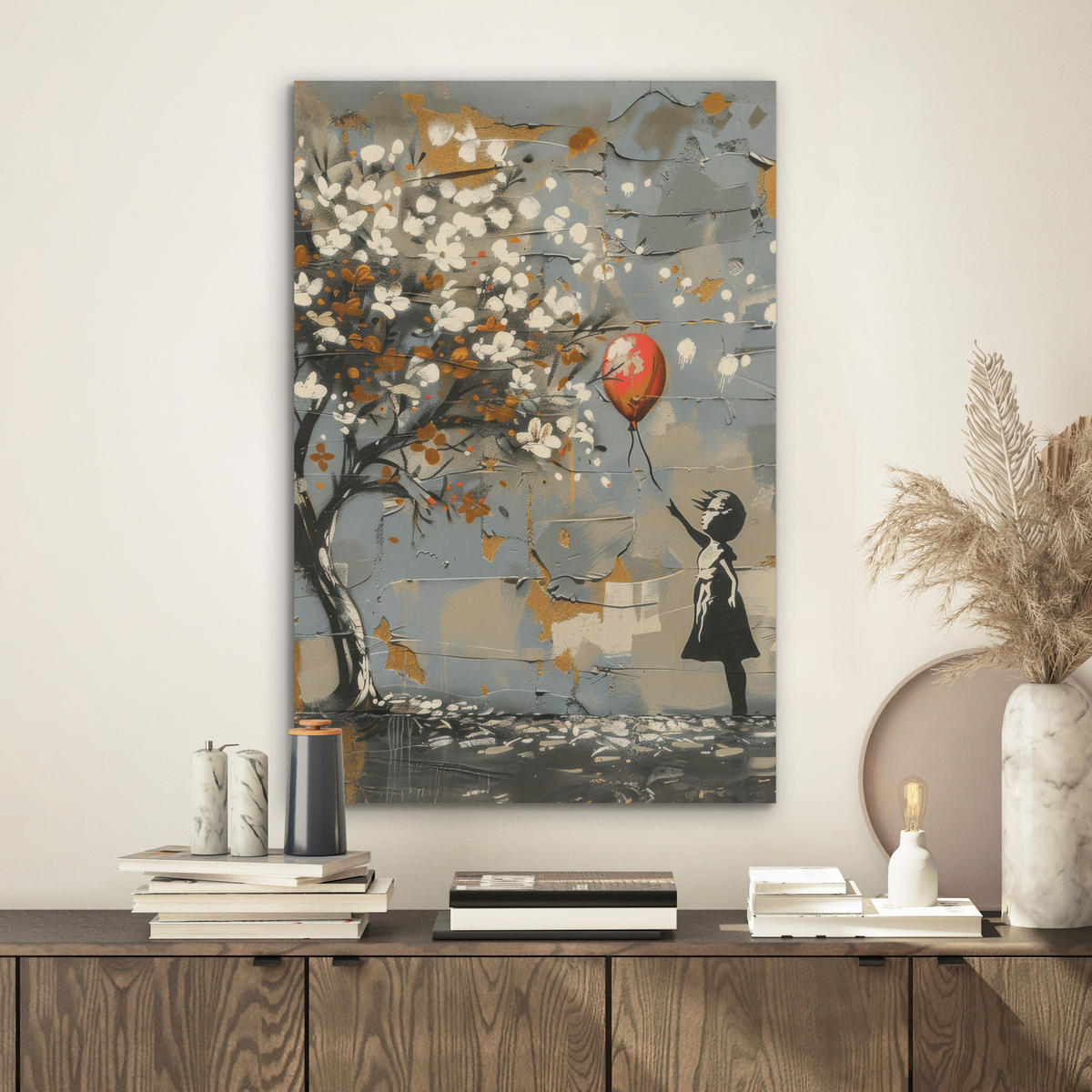 AKUSTIKBILD Baum - Graffiti - Banksy-Stil - Ballon-Mädchen Kunstdruck Schlafzimmer 50x70 cm - Blaugrau, Kunststoff (50/70/0.9cm) - MuchoWow