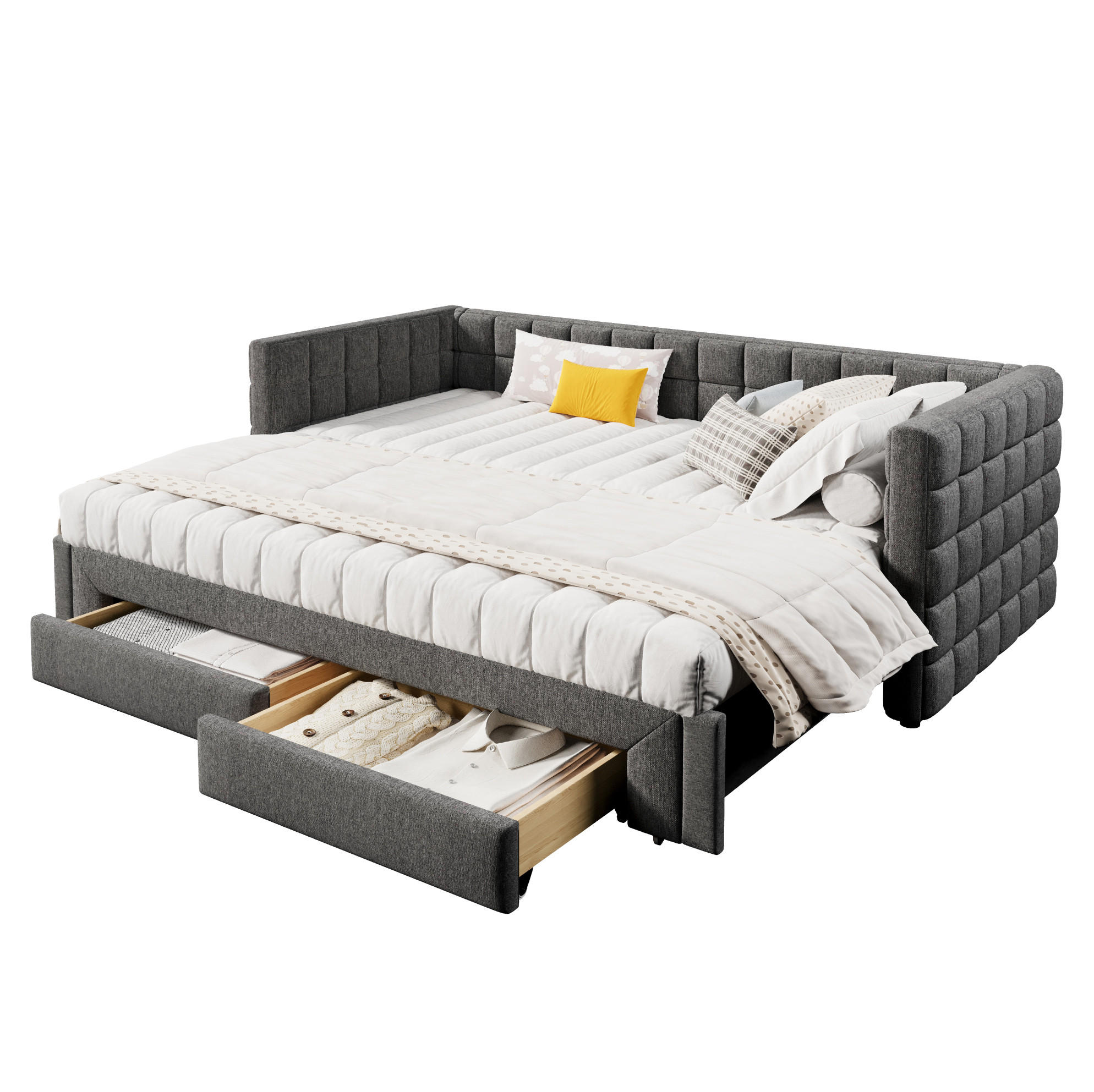 BETT mit Kopfteil 90/200 cm, ausziehbar auf 180 cm, mit 2 Schubladen, grau - Grau, Textil (90/200cm) - BEAOK