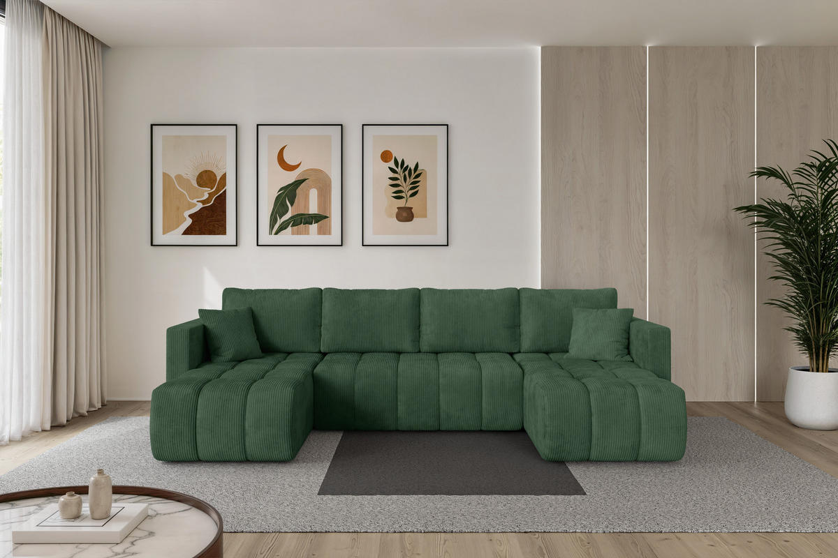SEDACÍ SOUPRAVA DO U s funkcí spaní a úložným prostorem GARD-U 300x146x85 zelená manšestr - černá/tmavě zelená, kompozitní dřevo/textil (300/85/146cm) - ALTDECOR