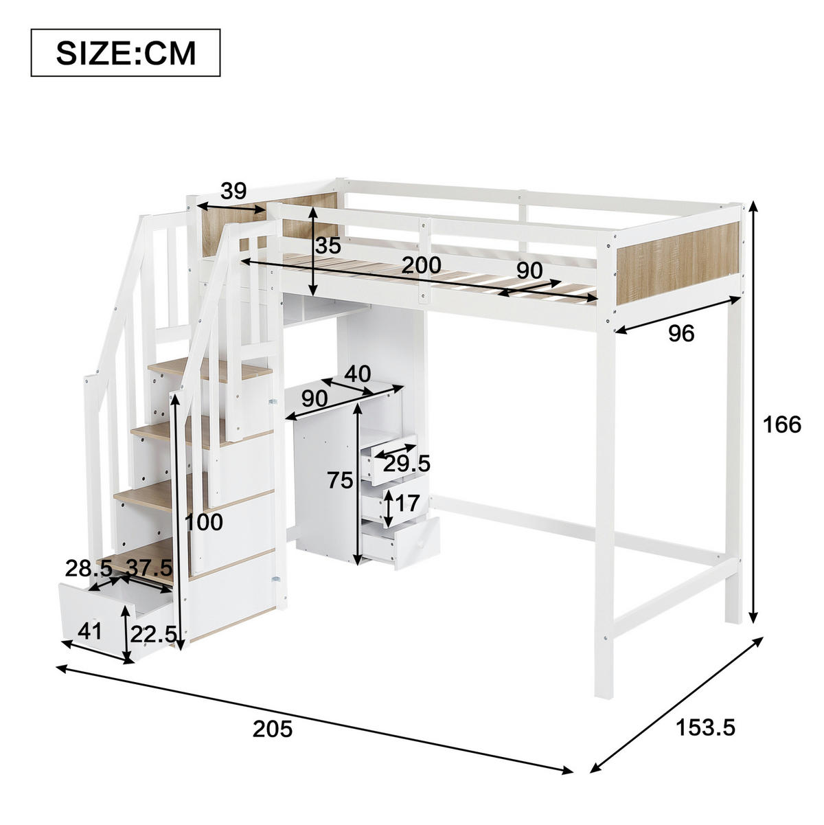 ETAGENBETT 90/200 cm Weiß/Natur mit Schreibtisch und Stauraumtreppe ohne Matratze - Weiß, Holz (90/200cm) - MIVRAY