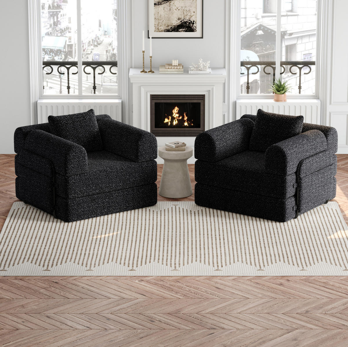SCHLAFSOFA 2-in-1, Chenille mit Armlehnen-Staufach & Stahlrahmen, 183,8/181,6/49,5 cm, Schwarz - Schwarz, Textil (183.8/49.5/181.6cm) - Redom