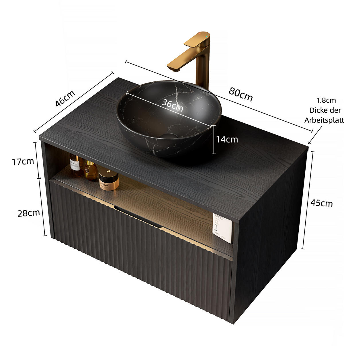 WASCHTISCHKOMBI 80x46x60.8cm in Schwarz mit Sensor-LED, Soft-Close & Massivholzfront - Schwarz, Keramik (80/60.8/46cm) - Modfu