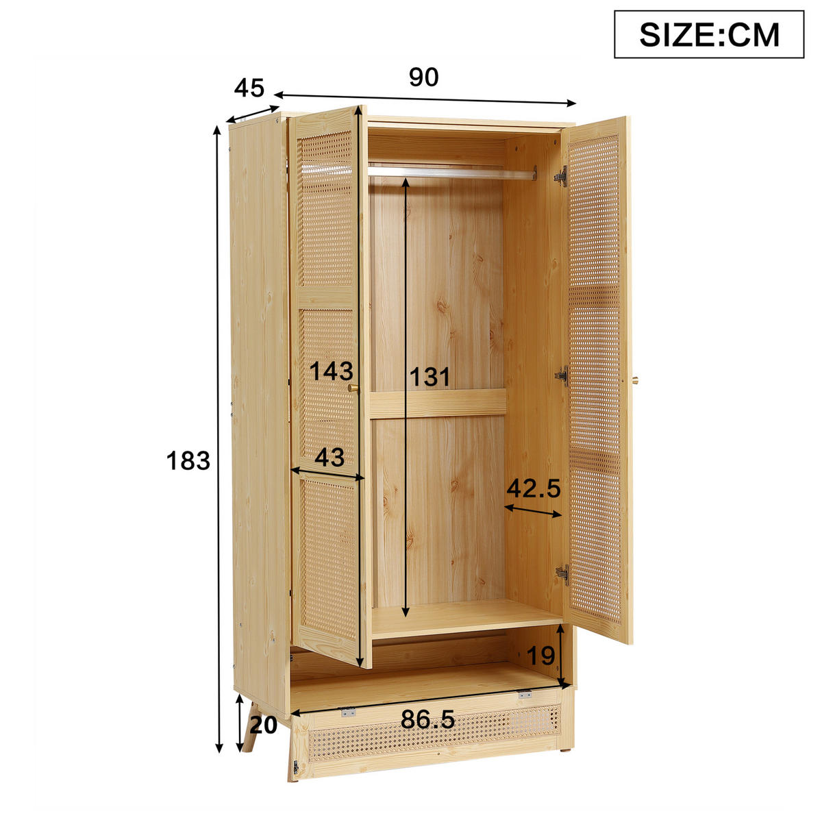KLEIDERSCHRANK mit Kleiderstange & Rattan-Optik, 90/45/183 cm, Natur - Naturfarben, Holz (90/183/45cm) - Redom