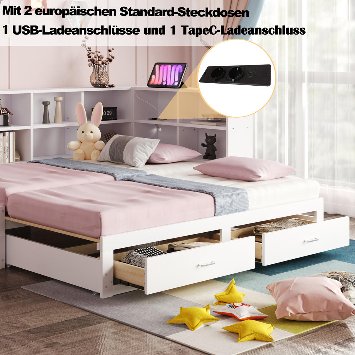 BETT 90/180/190 cm Weiß aus Holz mit Stauraum und Bett - Weiß, Holzwerkstoff (90/190cm) - OKMYHOME