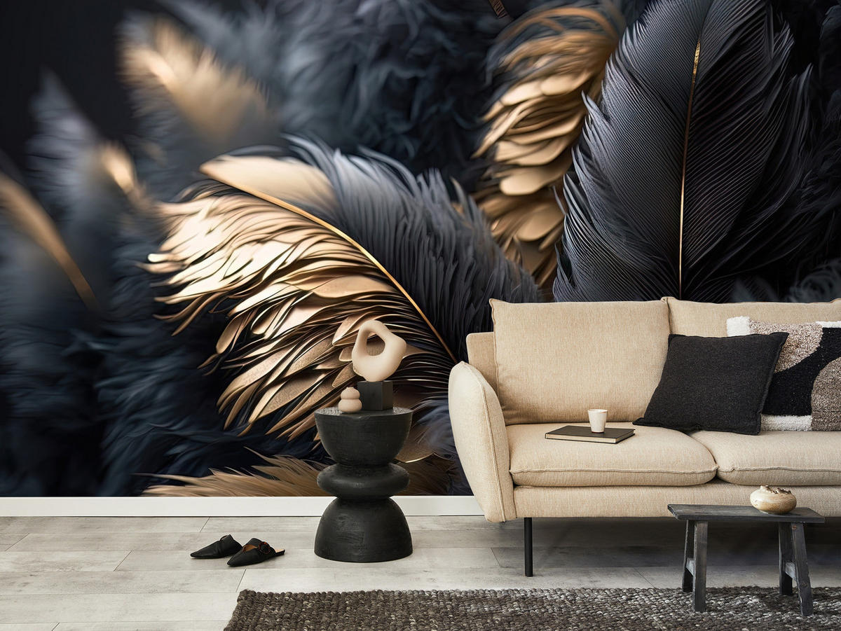 FOTOTAPETE Federn Abstraktion Stil Glamour 250x175 - Beige/Schwarz, Papier (250/175cm) - Muralo