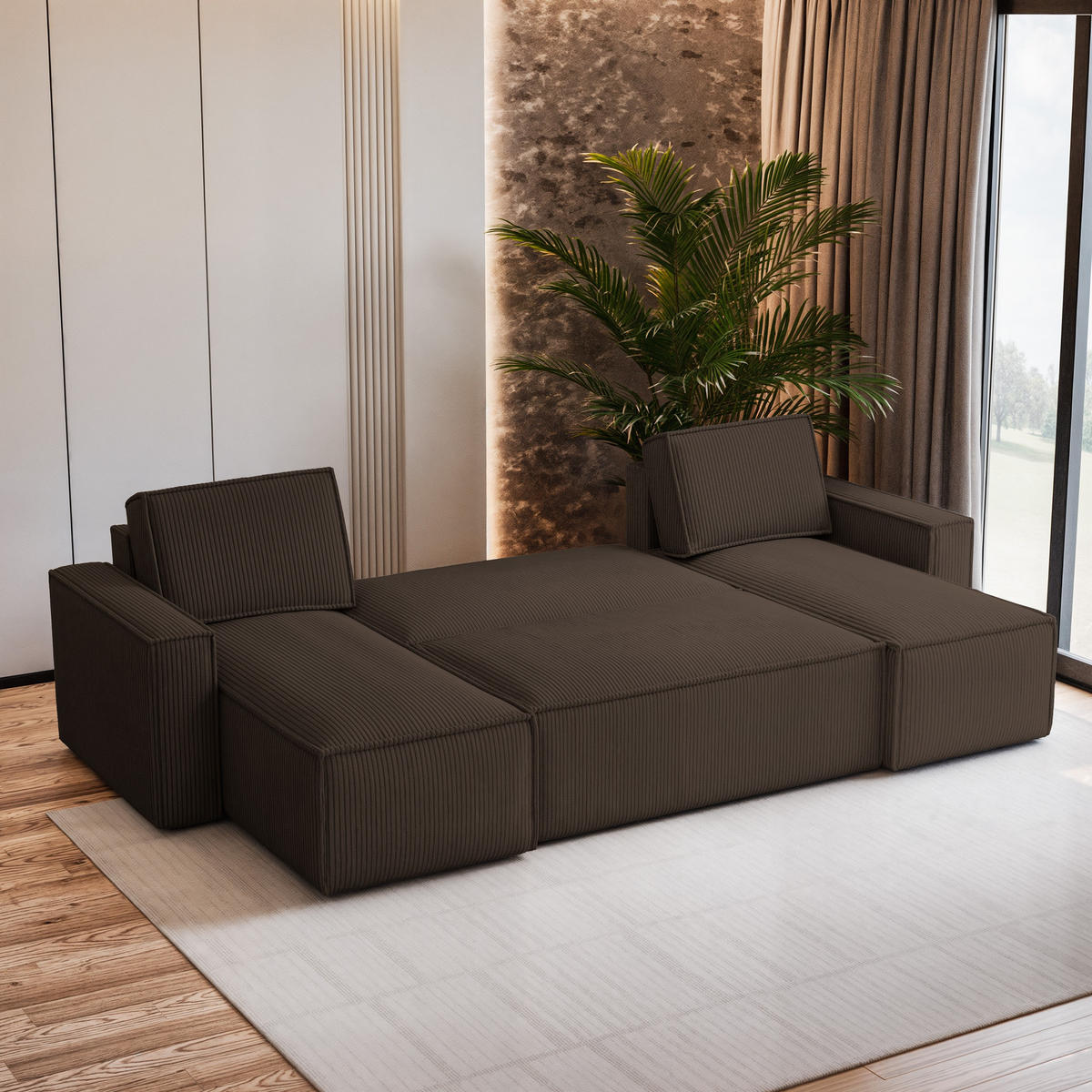 WOHNLANDSCHAFT PESANO P Braun Kordstoff mit Schlaffunktion - Braun, Holz (306/85/140cm) - MASSENO