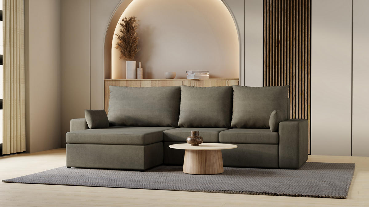 ECKSOFA Paco mit Bettkasten und Schlaffunktion, L-Form/XL-Form, Velourstoff, Universal - Hellgrau, Holzwerkstoff (276/145cm) - 4ALL HOME
