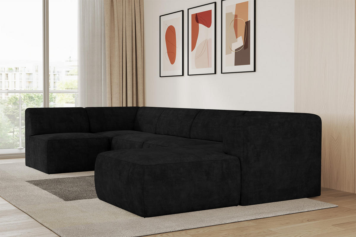 WOHNLANDSCHAFT Ottomane Rechts MOVO-L 345x180x78 cm Schwarz Velours - Schwarz, Holzwerkstoff/Kunststoff (180/78/345cm) - ALTDECOR