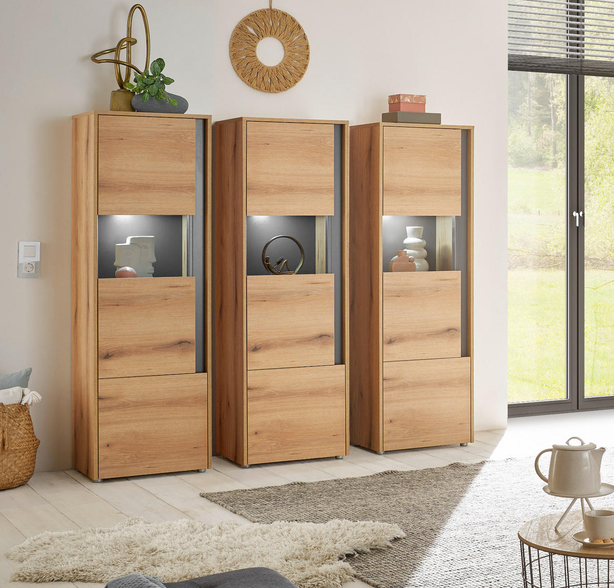 SCHRANK-SET 3-teilig Evoke Eiche, grau, Wohnkombination mit 3 x Vitrine - Eichefarben/Grau, Holz/Holzwerkstoff (190/155/40cm) - Furn.Design
