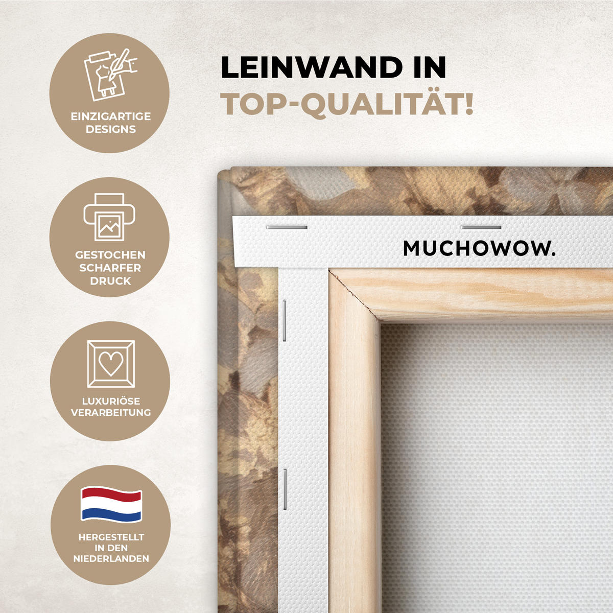 LEINWANDBILD Gesicht - Dame - Blätter - Pinselstriche Wandbild Wohnzimmer 60x80 cm - Goldfarben, Textil (60/80cm) - MuchoWow