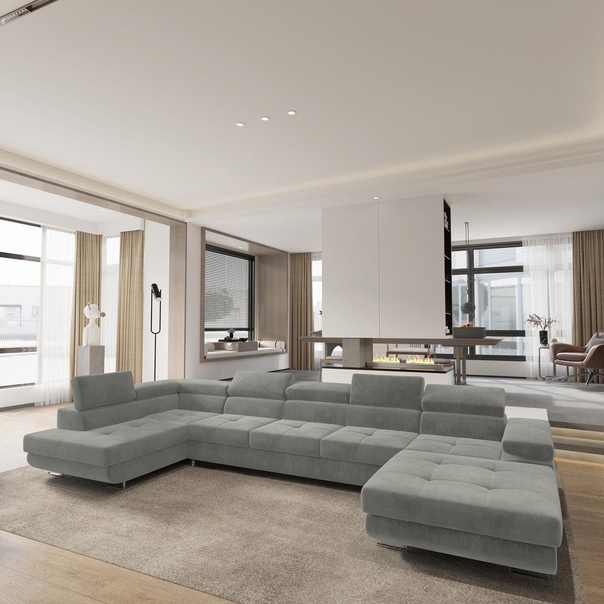 WOHNLANDSCHAFT TORIVA L-S Hellgrau Velours-Stoff mit Schlaffunktion - Hellgrau, Holz (418/90/202cm) - MASSENO