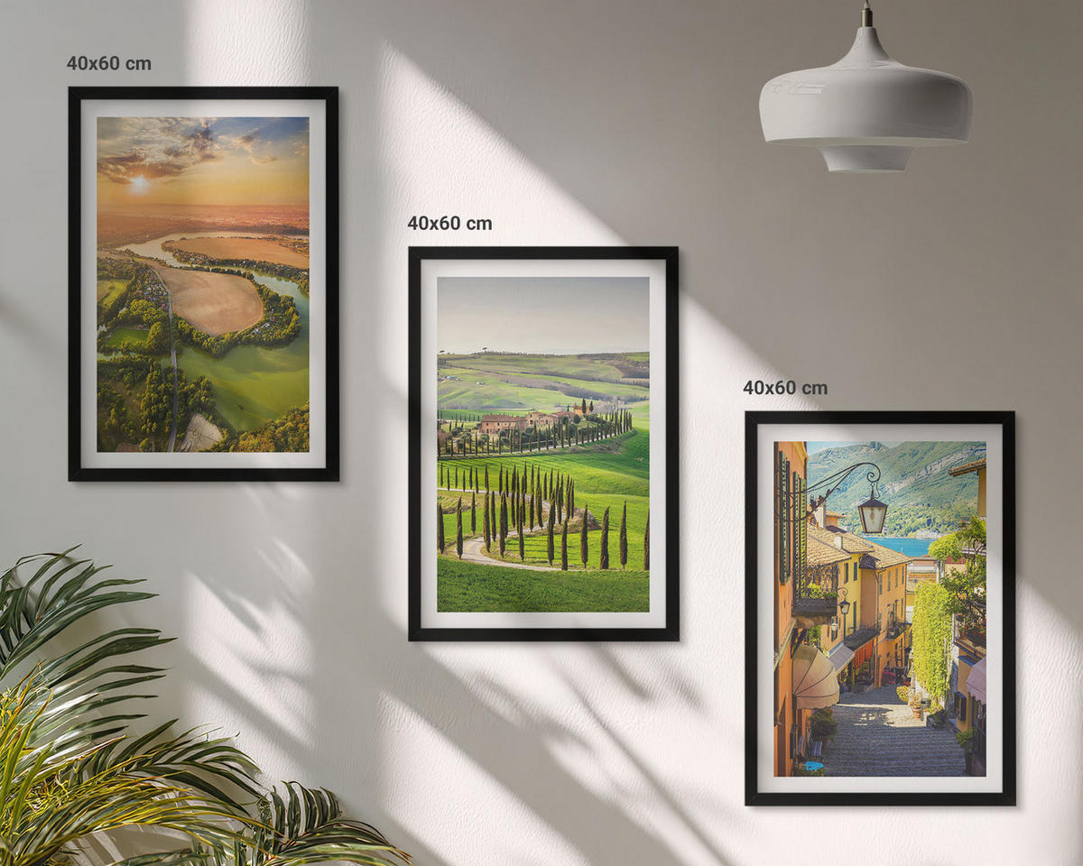 BILDER SET 3er Set - 40x60 cm Schwarzer Rahmen - Italienische Landschaften, Flussstraße - Schwarz, Kunststoff (40/60cm) - TULUP