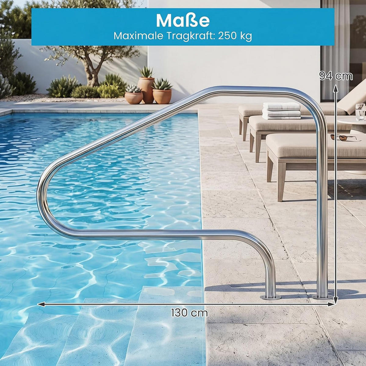 POOLHANDLAUF aus Edelstahl silber - Silberfarben, Metall (130/94/4.8cm) - COSTWAY