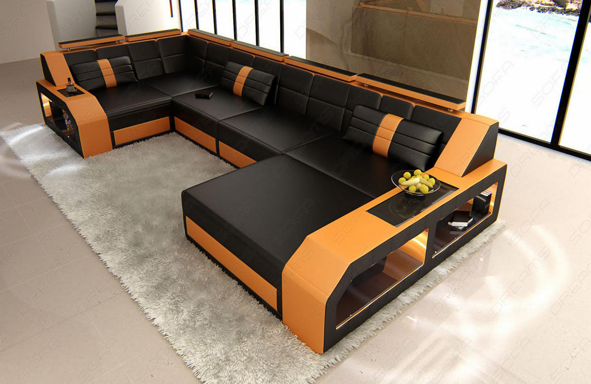 WOHNLANDSCHAFT Arezzo U - Schwarz/Orange, Leder (380/86/197cm) - Sofa Dreams