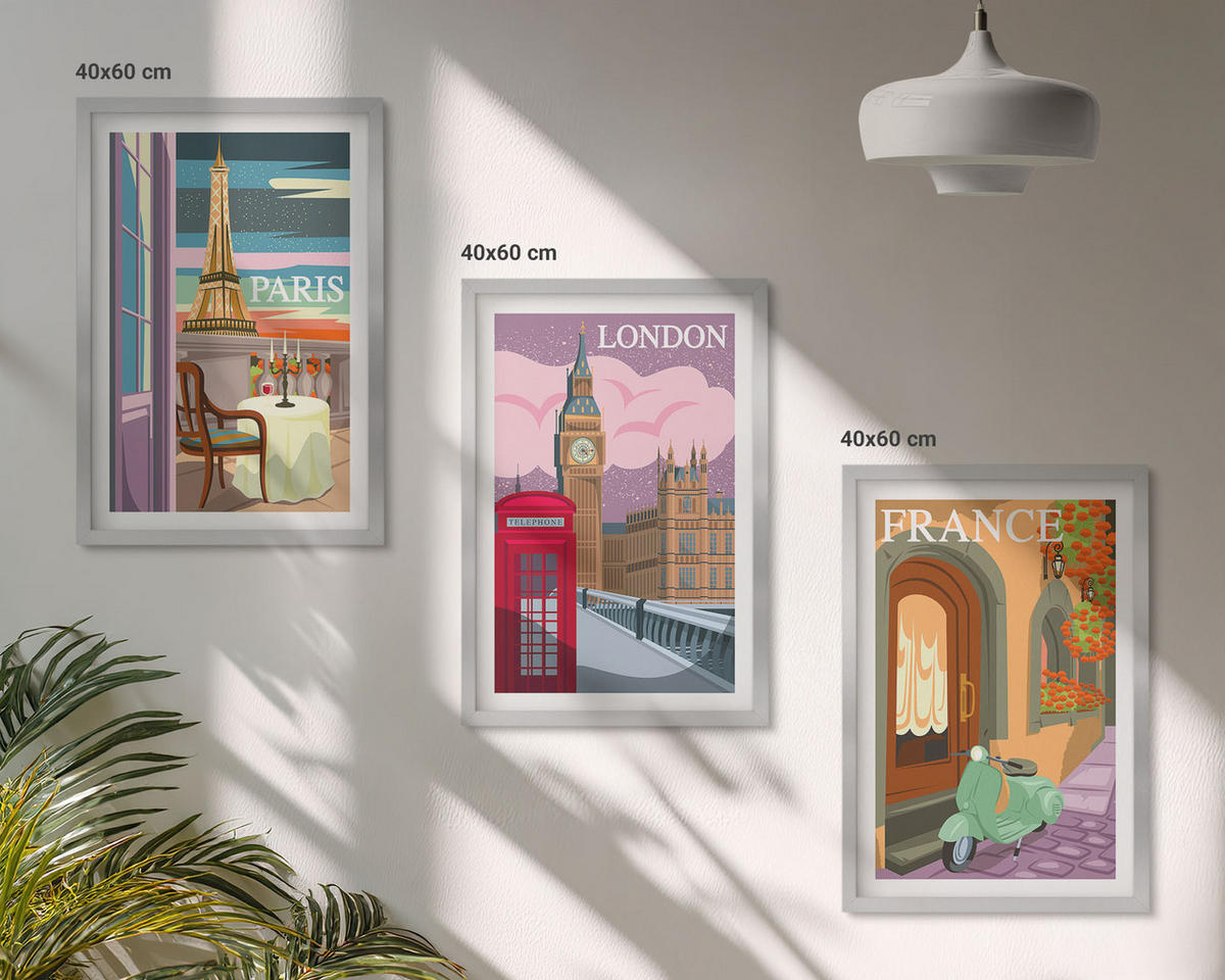 WANDBILDER 3er Set - 40x60 cm Silberner Rahmen - Ansichten Paris London Retro - Silberfarben, Kunststoff (40/60cm) - ArtPrintCave
