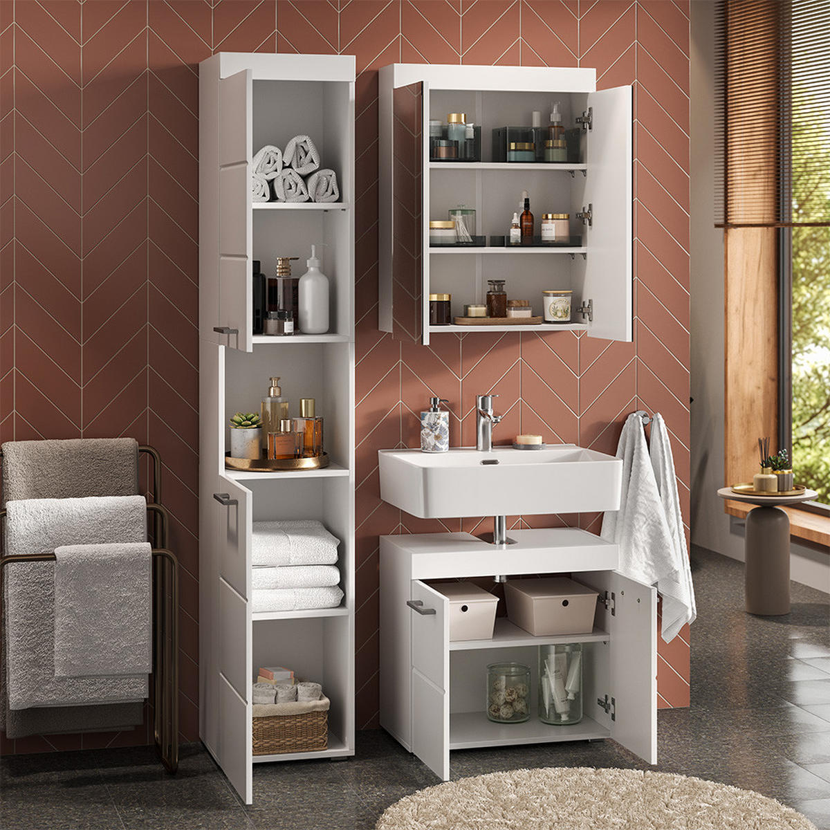 BADMÖBEL-SET Luna Weiß 3 Teile, mit Hochschrank - Weiß, Holzwerkstoff (60/56/34cm) - Vicco