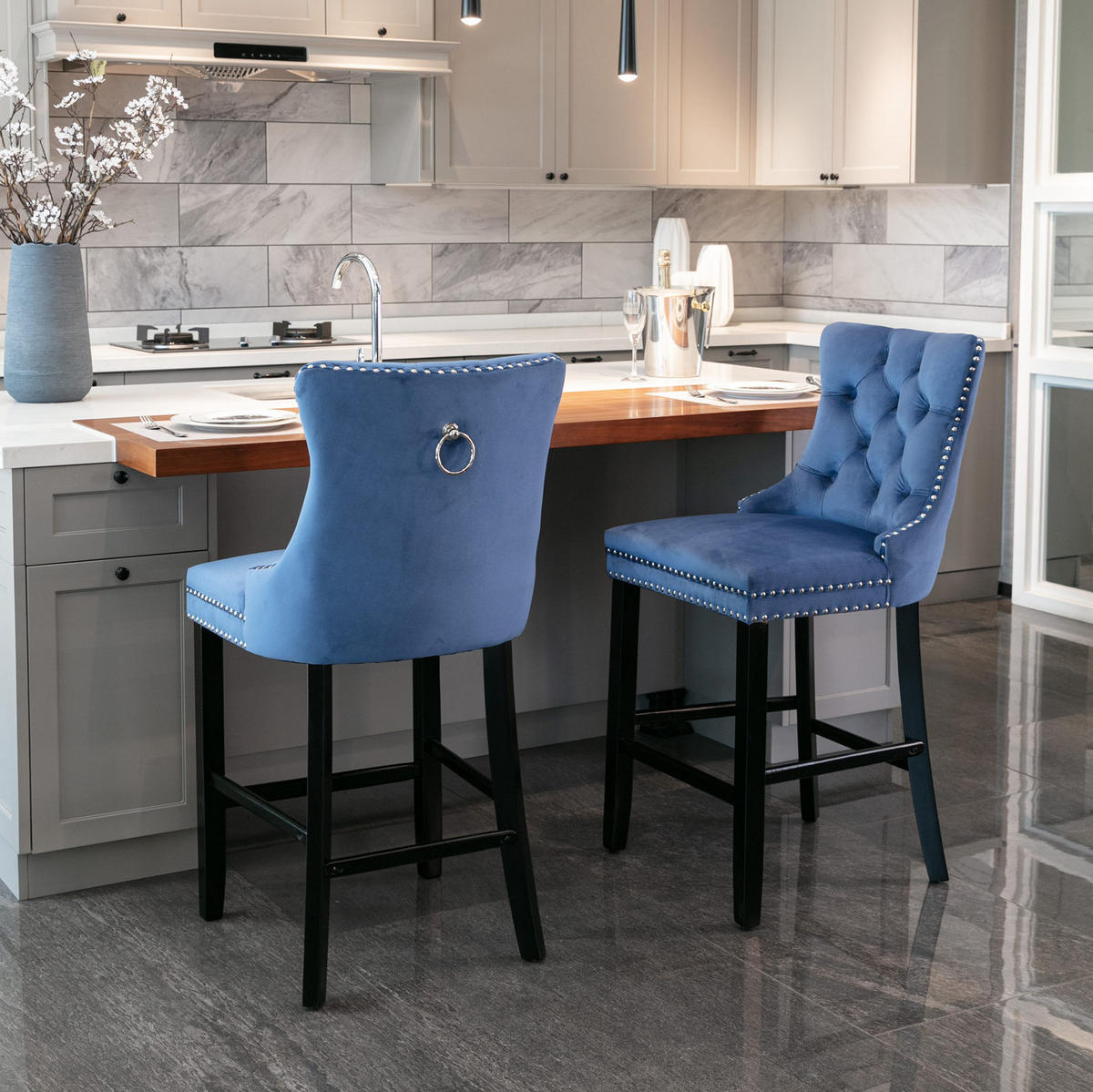BARHOCKER 2er-Set Samt Blau mit Holzbeinen - Blau, Holz (50/103/60cm) - Meubliv