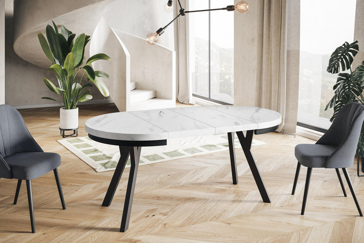 ESSZIMMERTISCH EVO, ausziehbarer Tisch 120 cm bis 220 cm, Farbe: MARMUR, mit Holzbeinen in Farbe Schwarz - Hellgrau/Schwarz, Holzwerkstoff (120/120/77cm) - Alpi-Möbel