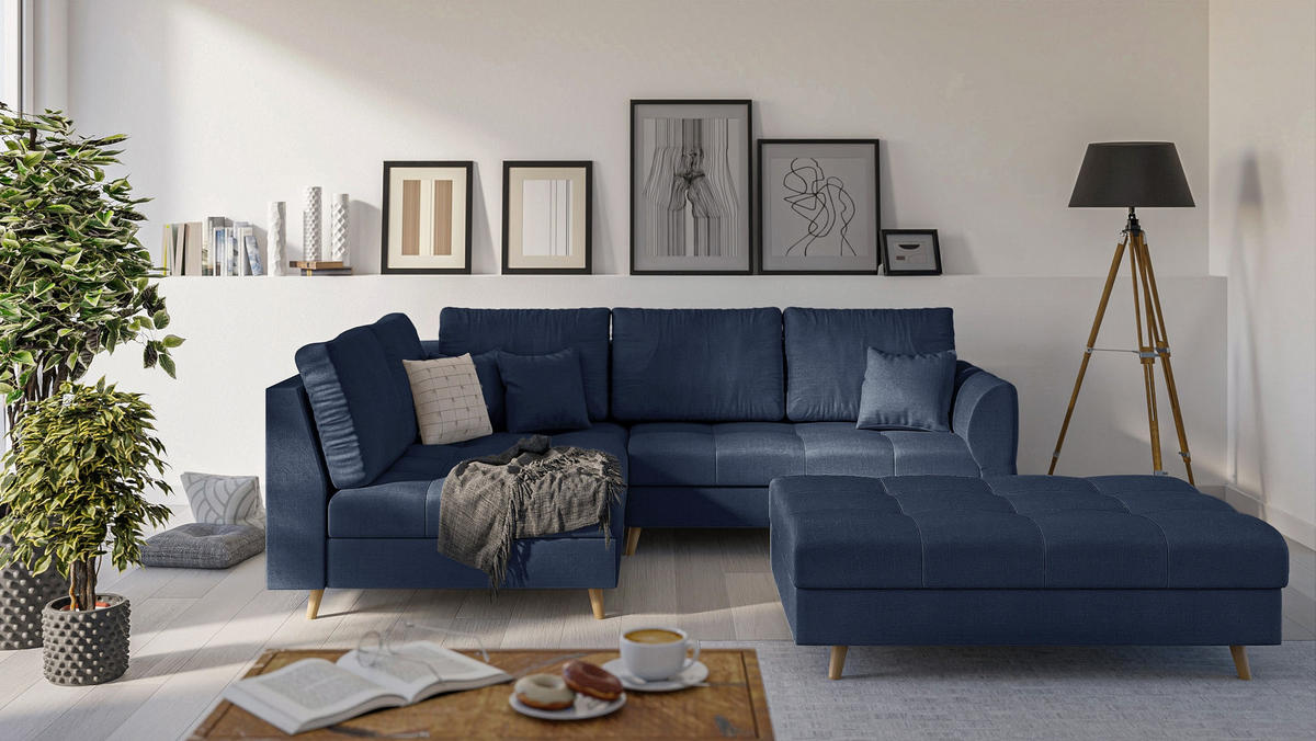 ECKSOFA MIT HOCKER Lorine Mikrofaser Dunkelblau - Hellbraun/Dunkelblau, Buchenholz/Textil (231/161cm) - S-Style Möbel