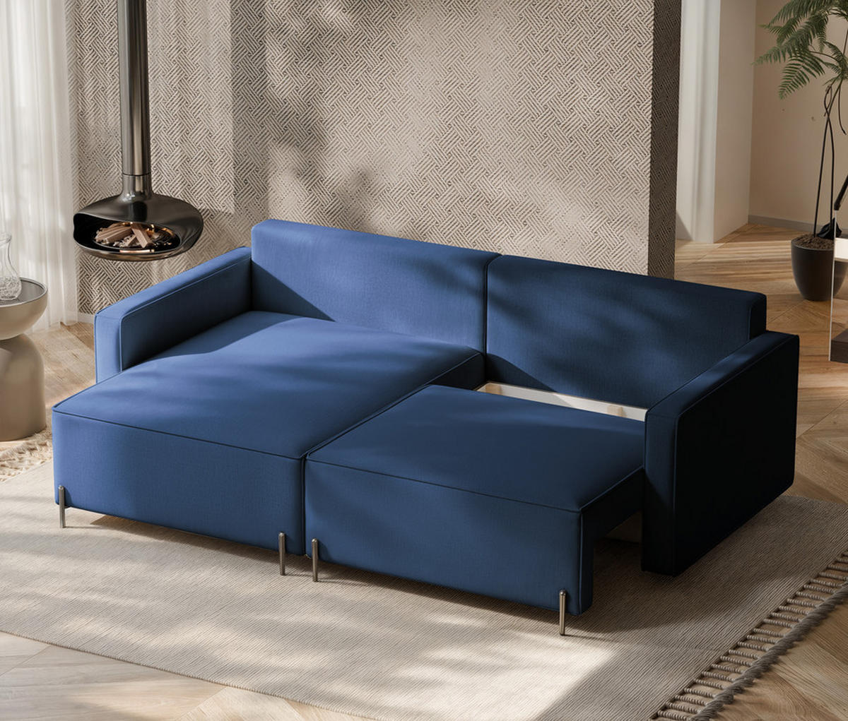 ECKSOFA LEO Links, mit Schlaffunktion und Bettkasten, Marineblau - Dunkelblau, Textil/Metall (229/148cm) - Idohome