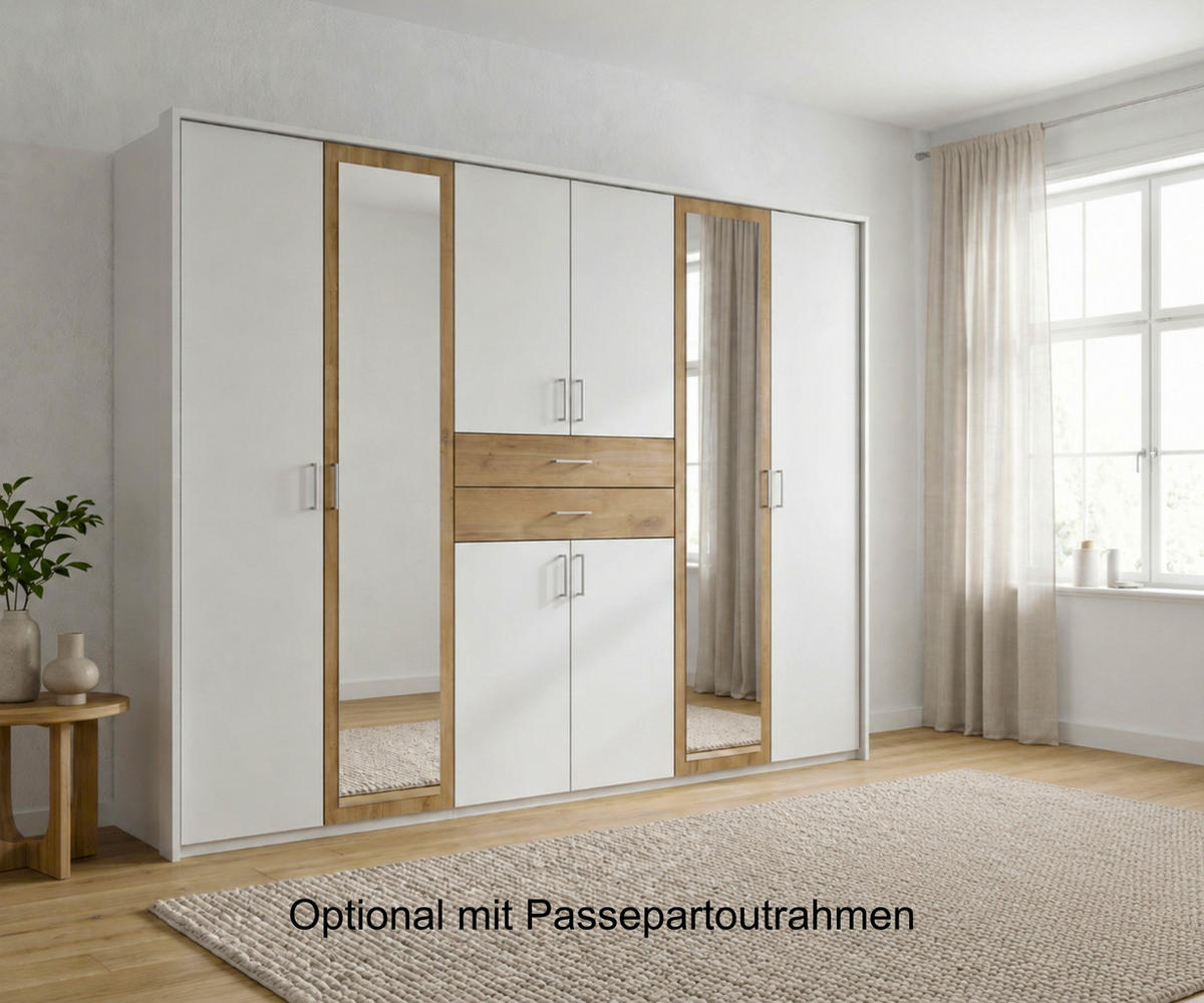 DREHTÜRENSCHRANK Kleiderschrank B270/H208/T58 cm mit Schubkästen & 2 Spiegeltüren, Weiß mit Absetzungen in Eiche Dekor / 22595 - Eichefarben/Silberfarben, Holzwerkstoff/Kunststoff (270/208/58cm) - luma-home