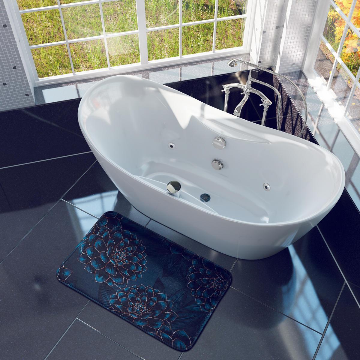 BADTEPPICH Dahlien 70 x 110 cm - Blau, Textil (70/110cm) - Sanilo