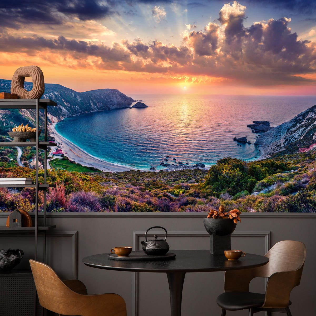 FOTOTAPETE Meer Blumen Sonnenuntergang Landschaft 3D 450x315 - Türkis/Blau, Papier (450/315cm) - Muralo