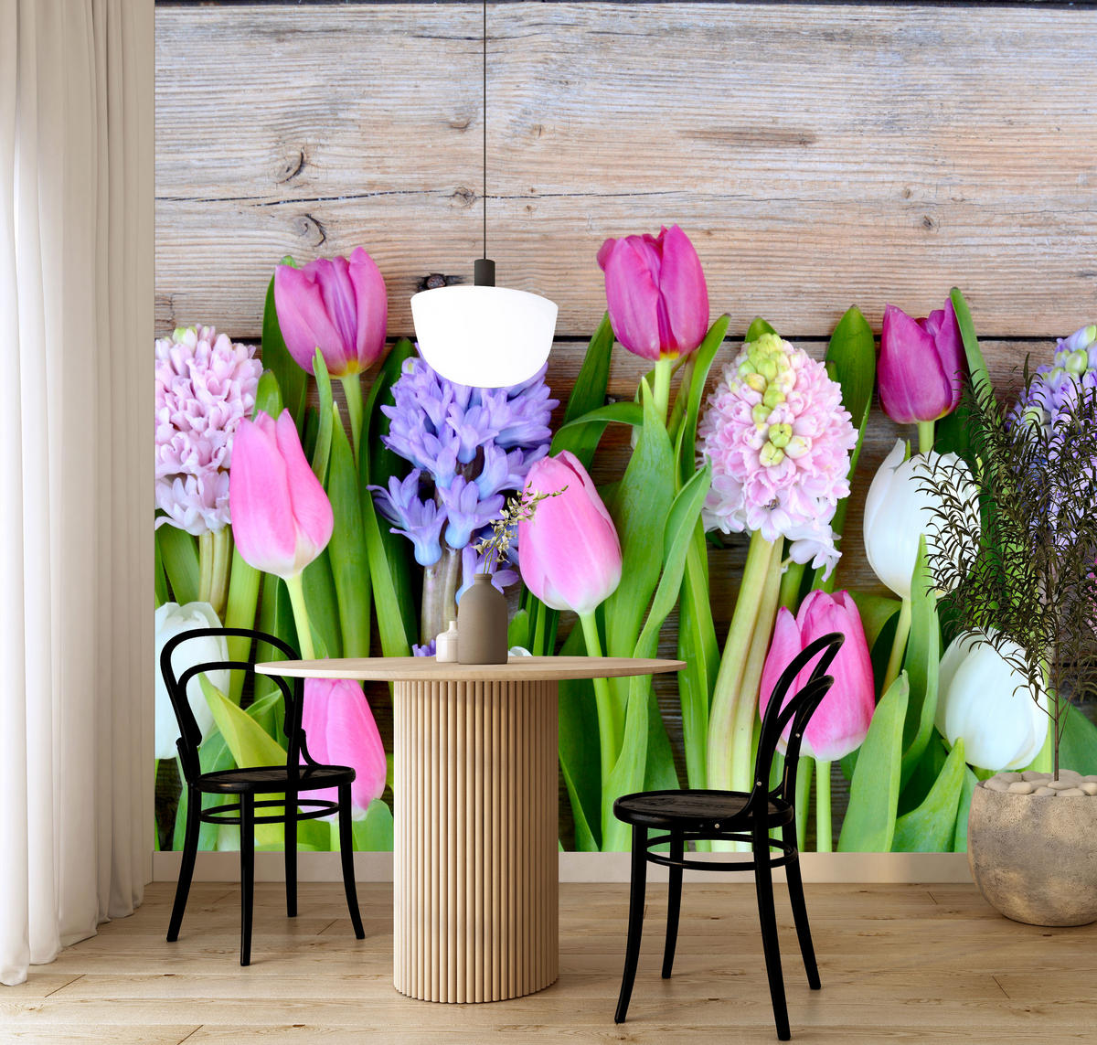 FOTOTAPETE für Küche Rosa Tulpen Violette Hyazinthen Holztisch 250x175 - Ecru/Violett, Papier (250/175cm) - Muralo