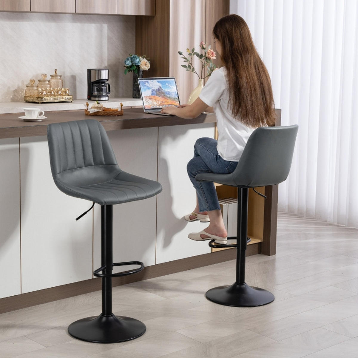 BARHOCKER DE-35975 2er Set mit Kunstlederbezug Dunkelgrau - Dunkelgrau, Metall (49.5/111/43cm) - ComfortXL