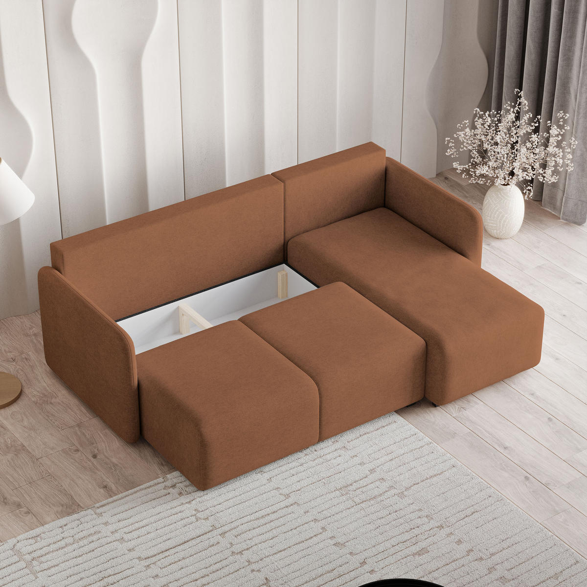 ECKSOFA SUVINO Kupferfarben Geflochtener Stoff mit Schlaffunktion - Kupferfarben, Holz (230/143cm) - MASSENO