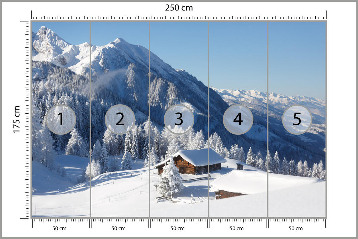 FOTOTAPETE für Wohnzimmer Holzene Hütte Berge Bäume Winter 250x175 - Weiß, Papier (250/175cm) - Muralo